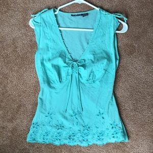 Magazine Aquamarine Sleeveless Beaded Embroidered Top with Ruched Bust, Size M